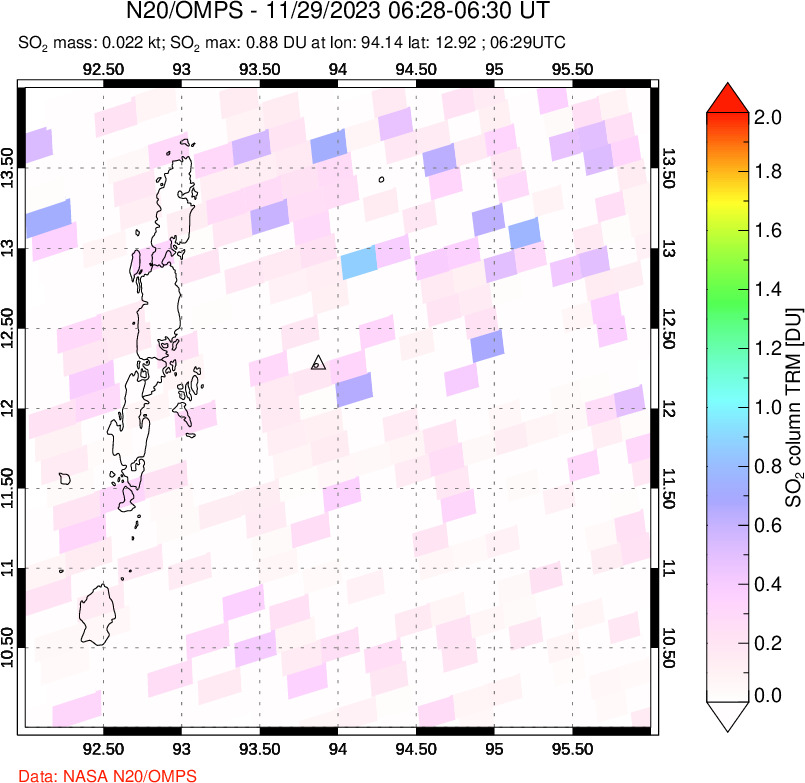 A sulfur dioxide image over Andaman Islands, Indian Ocean on Nov 29, 2023.