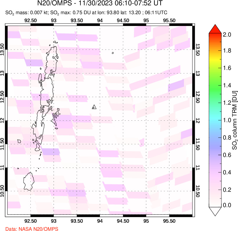 A sulfur dioxide image over Andaman Islands, Indian Ocean on Nov 30, 2023.