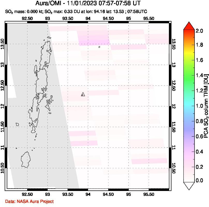 A sulfur dioxide image over Andaman Islands, Indian Ocean on Nov 01, 2023.