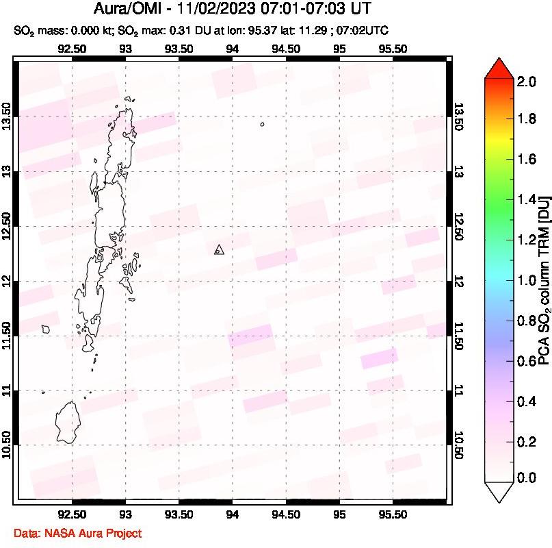 A sulfur dioxide image over Andaman Islands, Indian Ocean on Nov 02, 2023.