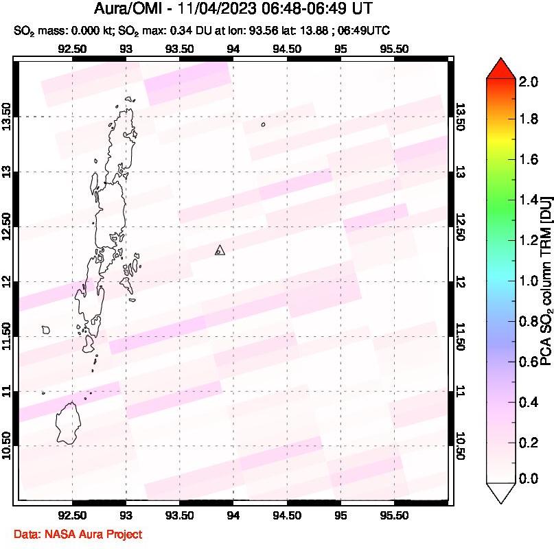 A sulfur dioxide image over Andaman Islands, Indian Ocean on Nov 04, 2023.