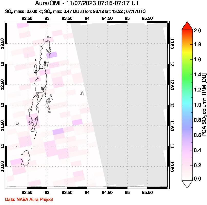 A sulfur dioxide image over Andaman Islands, Indian Ocean on Nov 07, 2023.