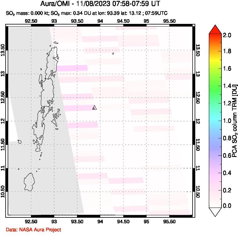 A sulfur dioxide image over Andaman Islands, Indian Ocean on Nov 08, 2023.