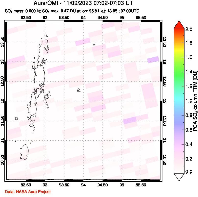 A sulfur dioxide image over Andaman Islands, Indian Ocean on Nov 09, 2023.