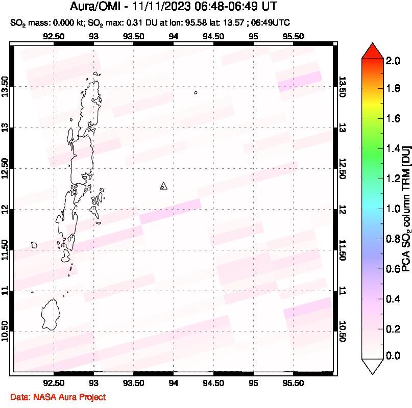 A sulfur dioxide image over Andaman Islands, Indian Ocean on Nov 11, 2023.