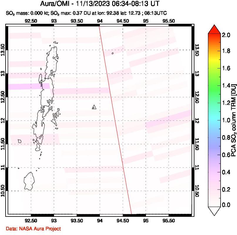 A sulfur dioxide image over Andaman Islands, Indian Ocean on Nov 13, 2023.