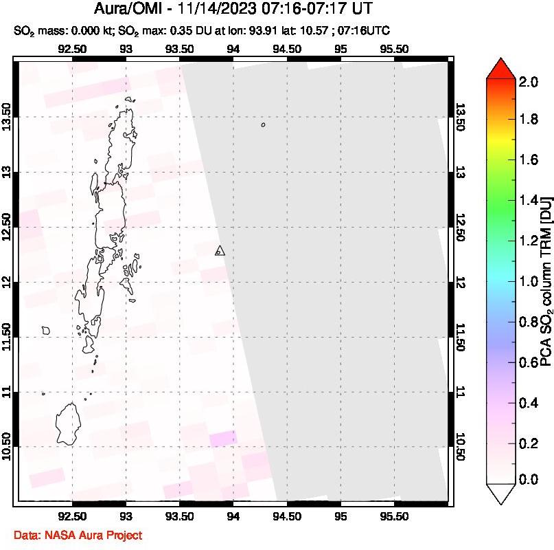 A sulfur dioxide image over Andaman Islands, Indian Ocean on Nov 14, 2023.