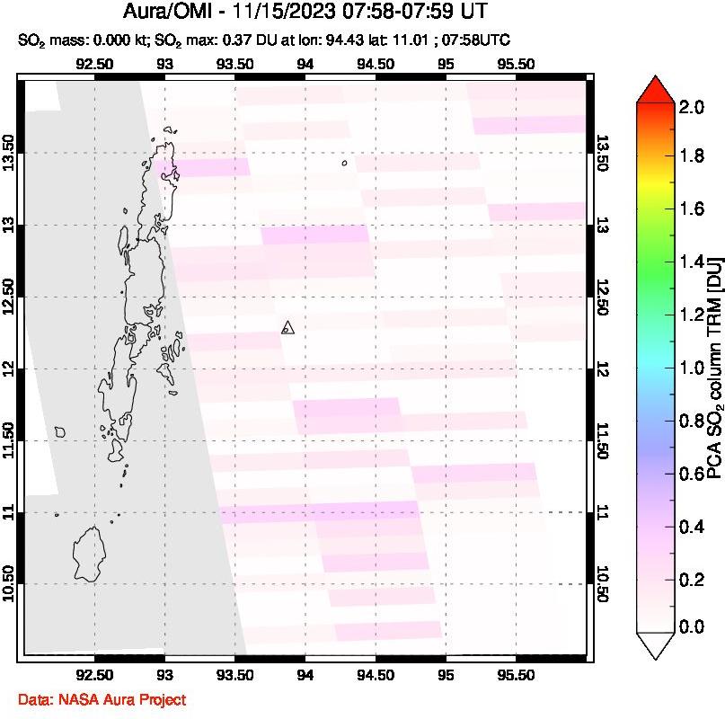 A sulfur dioxide image over Andaman Islands, Indian Ocean on Nov 15, 2023.