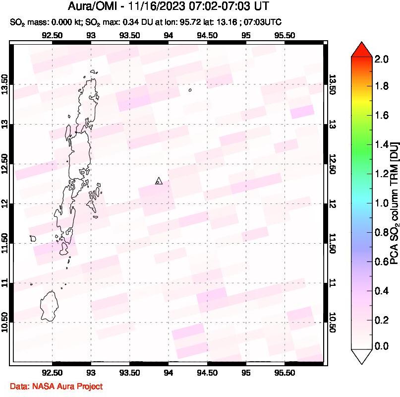 A sulfur dioxide image over Andaman Islands, Indian Ocean on Nov 16, 2023.