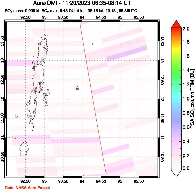 A sulfur dioxide image over Andaman Islands, Indian Ocean on Nov 20, 2023.