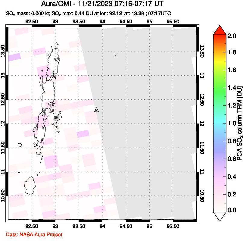 A sulfur dioxide image over Andaman Islands, Indian Ocean on Nov 21, 2023.