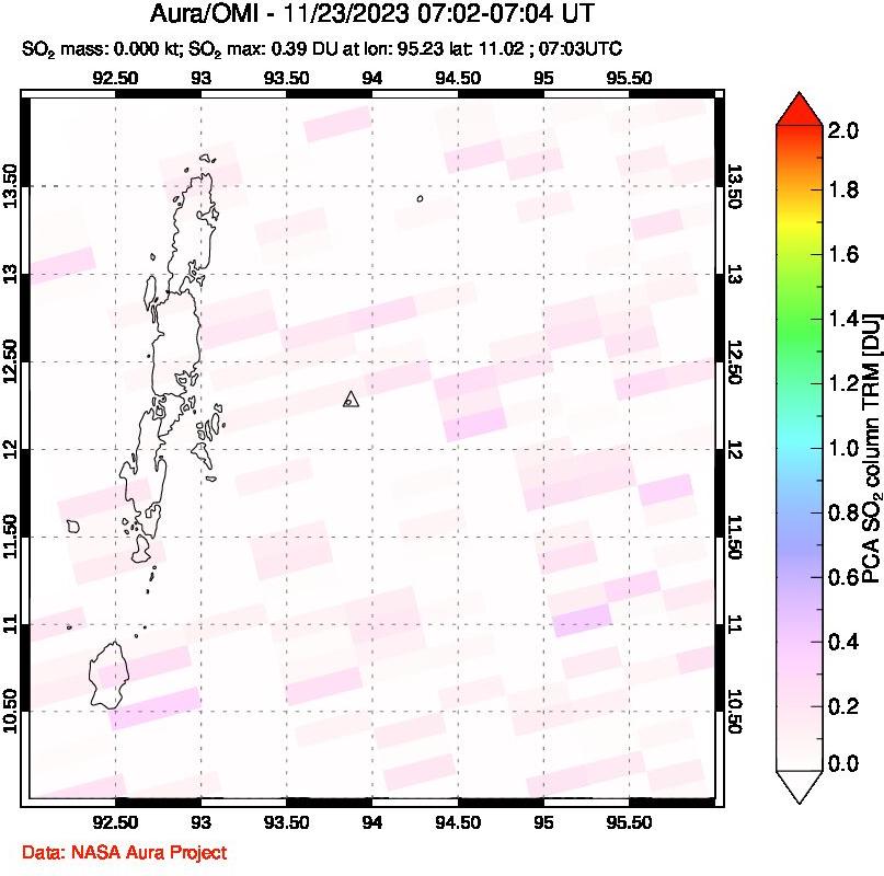 A sulfur dioxide image over Andaman Islands, Indian Ocean on Nov 23, 2023.