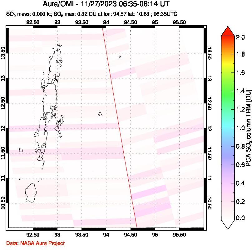 A sulfur dioxide image over Andaman Islands, Indian Ocean on Nov 27, 2023.