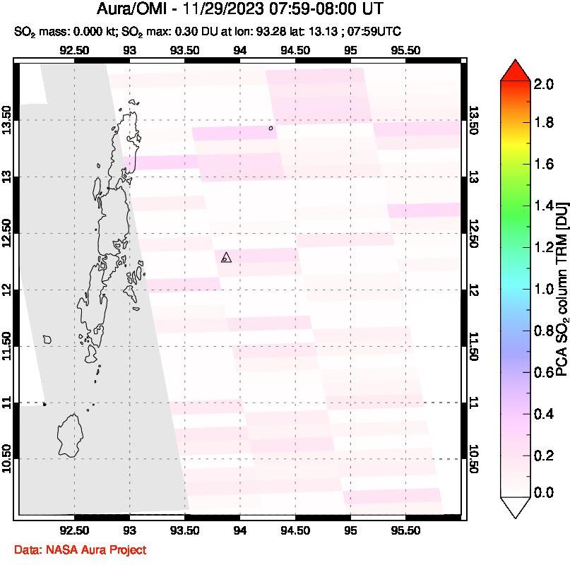 A sulfur dioxide image over Andaman Islands, Indian Ocean on Nov 29, 2023.