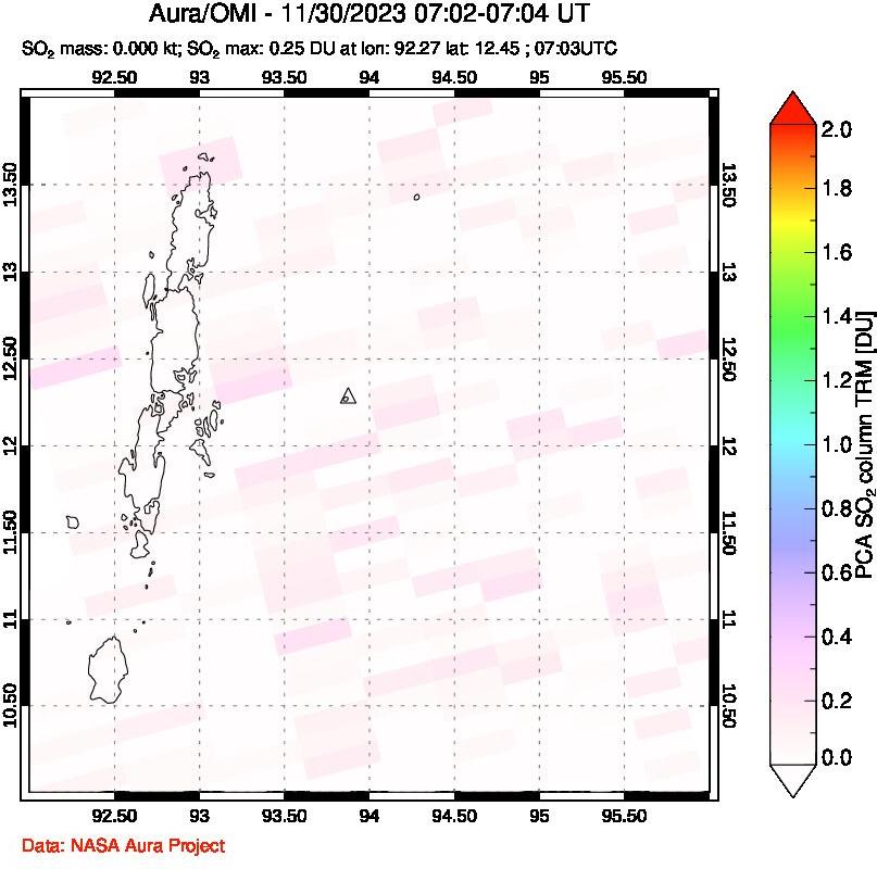 A sulfur dioxide image over Andaman Islands, Indian Ocean on Nov 30, 2023.