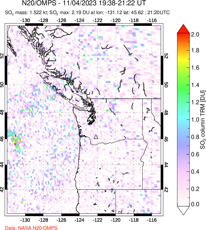 A sulfur dioxide image over Cascade Range, USA on Nov 04, 2023.