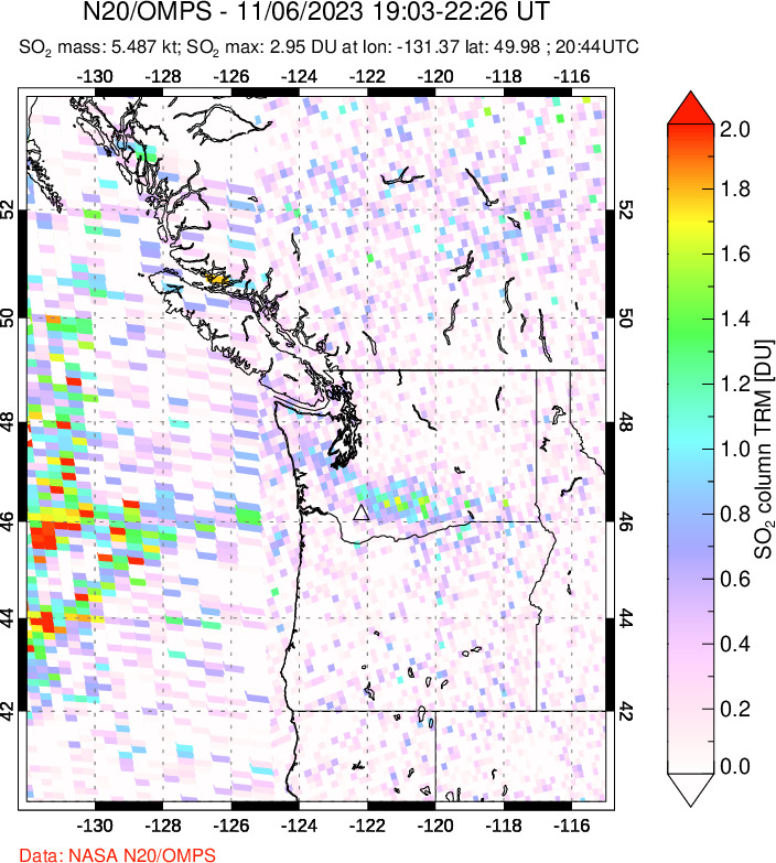 A sulfur dioxide image over Cascade Range, USA on Nov 06, 2023.