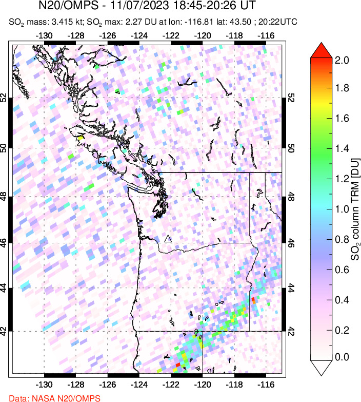 A sulfur dioxide image over Cascade Range, USA on Nov 07, 2023.