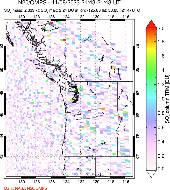 A sulfur dioxide image over Cascade Range, USA on Nov 08, 2023.