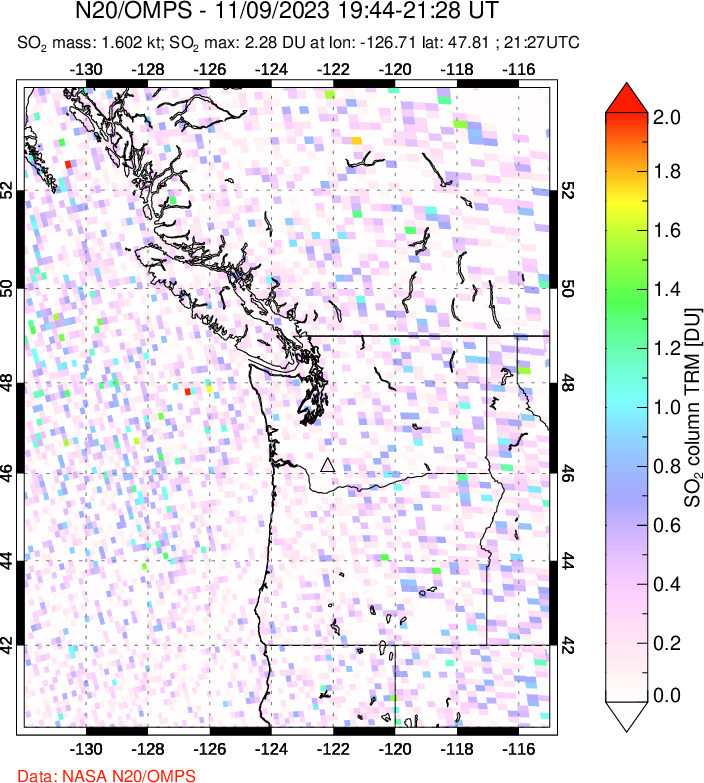 A sulfur dioxide image over Cascade Range, USA on Nov 09, 2023.