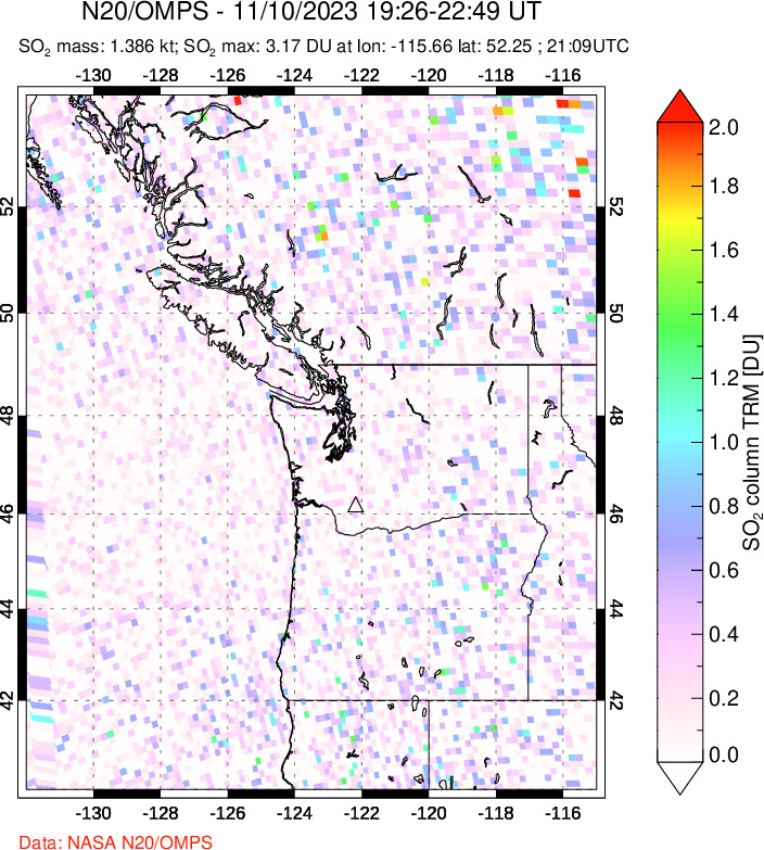 A sulfur dioxide image over Cascade Range, USA on Nov 10, 2023.