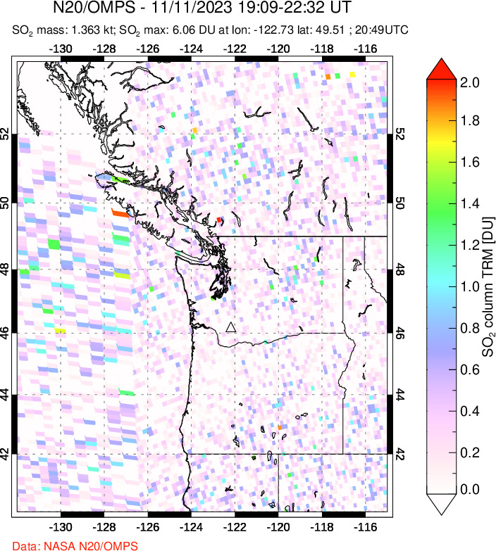 A sulfur dioxide image over Cascade Range, USA on Nov 11, 2023.