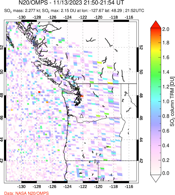 A sulfur dioxide image over Cascade Range, USA on Nov 13, 2023.