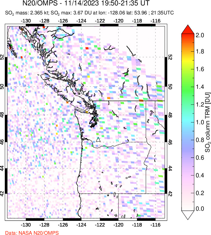 A sulfur dioxide image over Cascade Range, USA on Nov 14, 2023.