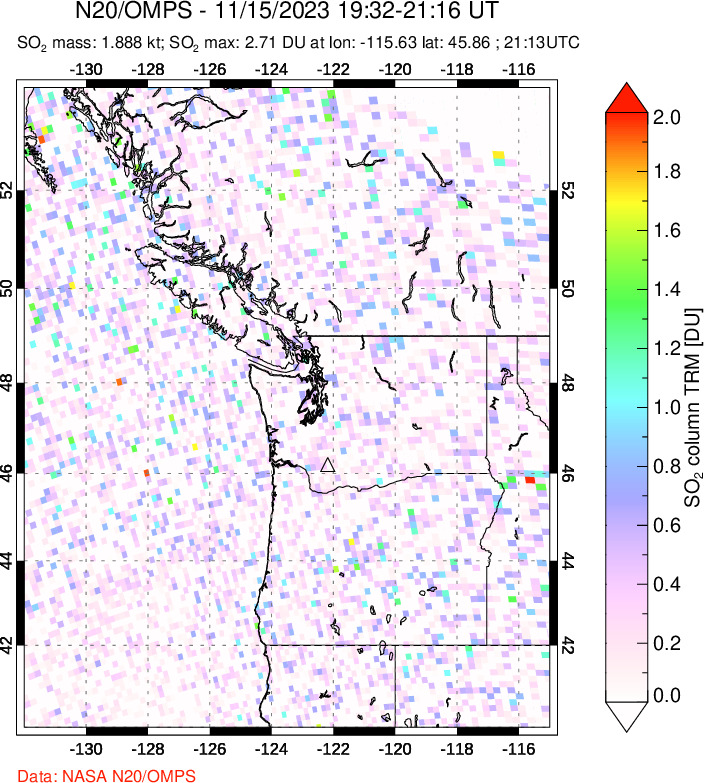 A sulfur dioxide image over Cascade Range, USA on Nov 15, 2023.