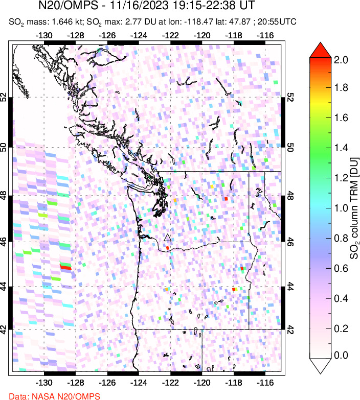 A sulfur dioxide image over Cascade Range, USA on Nov 16, 2023.