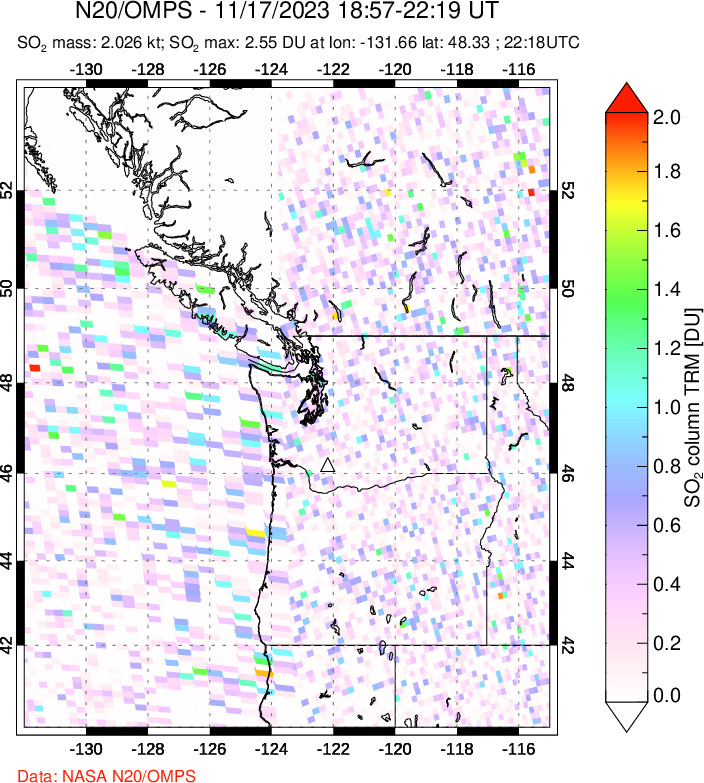 A sulfur dioxide image over Cascade Range, USA on Nov 17, 2023.