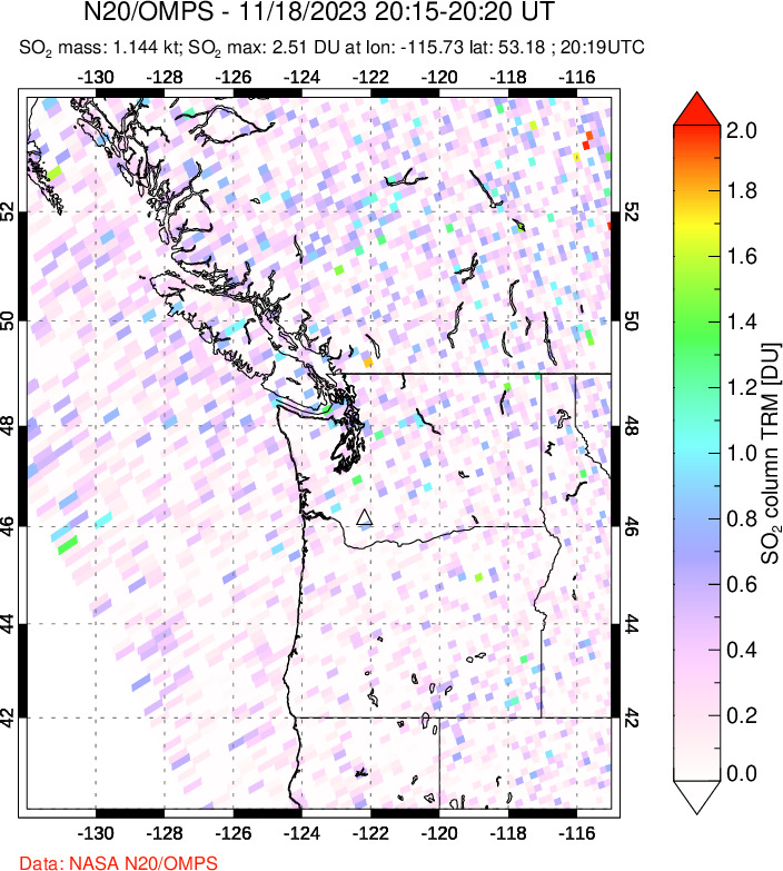 A sulfur dioxide image over Cascade Range, USA on Nov 18, 2023.