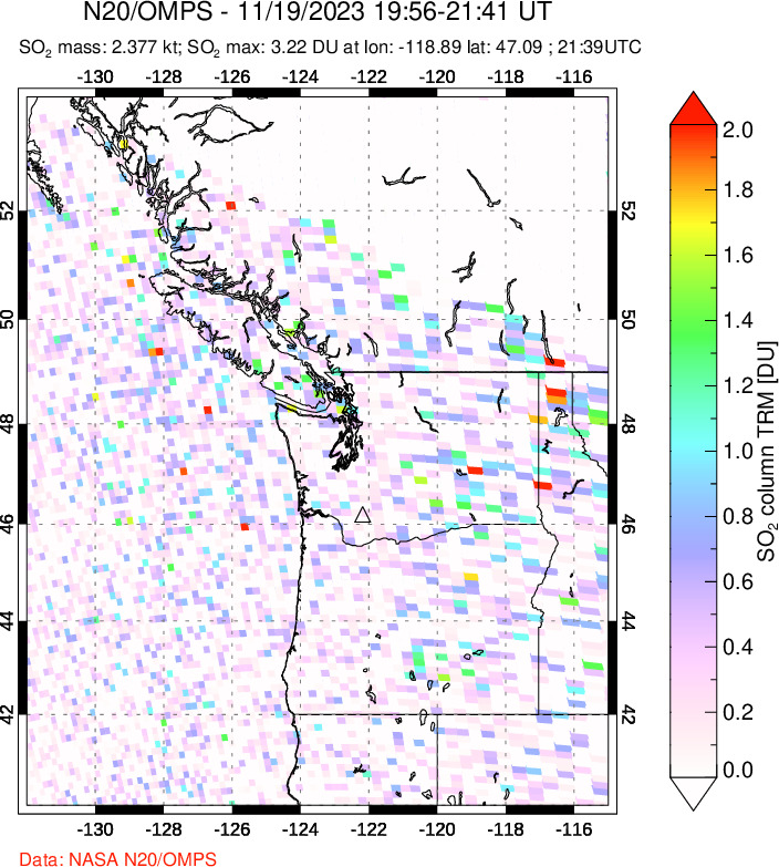 A sulfur dioxide image over Cascade Range, USA on Nov 19, 2023.