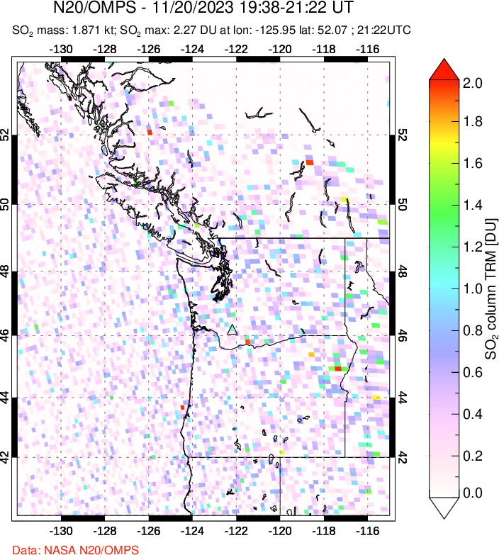 A sulfur dioxide image over Cascade Range, USA on Nov 20, 2023.