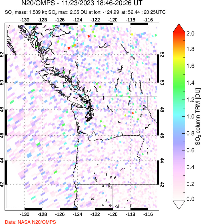 A sulfur dioxide image over Cascade Range, USA on Nov 23, 2023.