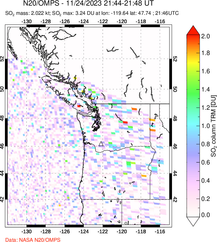 A sulfur dioxide image over Cascade Range, USA on Nov 24, 2023.