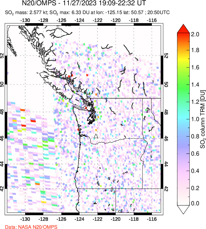 A sulfur dioxide image over Cascade Range, USA on Nov 27, 2023.