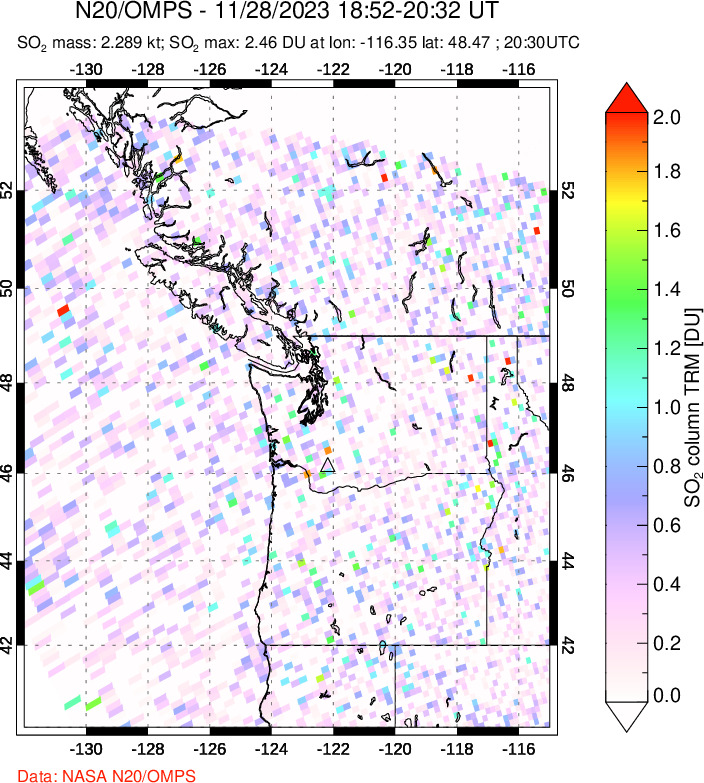 A sulfur dioxide image over Cascade Range, USA on Nov 28, 2023.