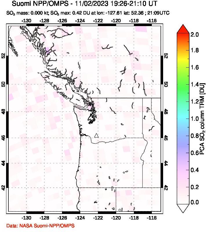 A sulfur dioxide image over Cascade Range, USA on Nov 02, 2023.