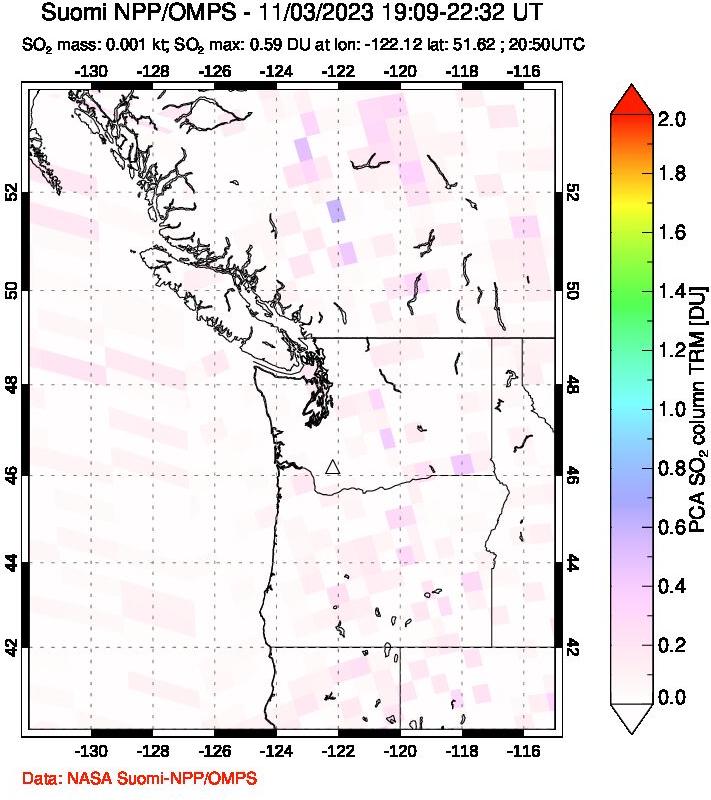 A sulfur dioxide image over Cascade Range, USA on Nov 03, 2023.