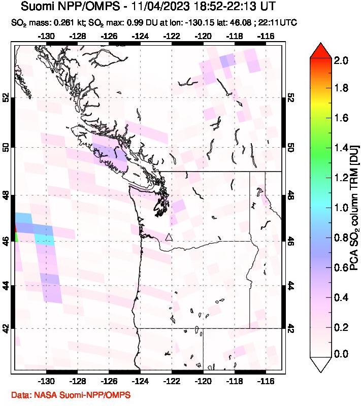 A sulfur dioxide image over Cascade Range, USA on Nov 04, 2023.