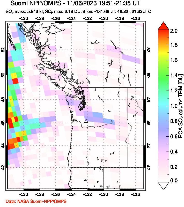 A sulfur dioxide image over Cascade Range, USA on Nov 06, 2023.