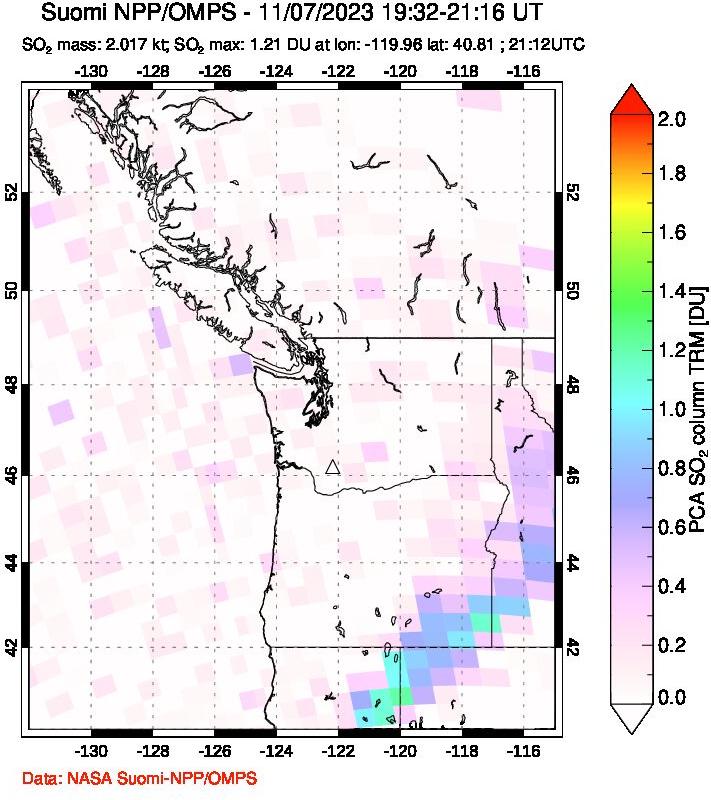 A sulfur dioxide image over Cascade Range, USA on Nov 07, 2023.