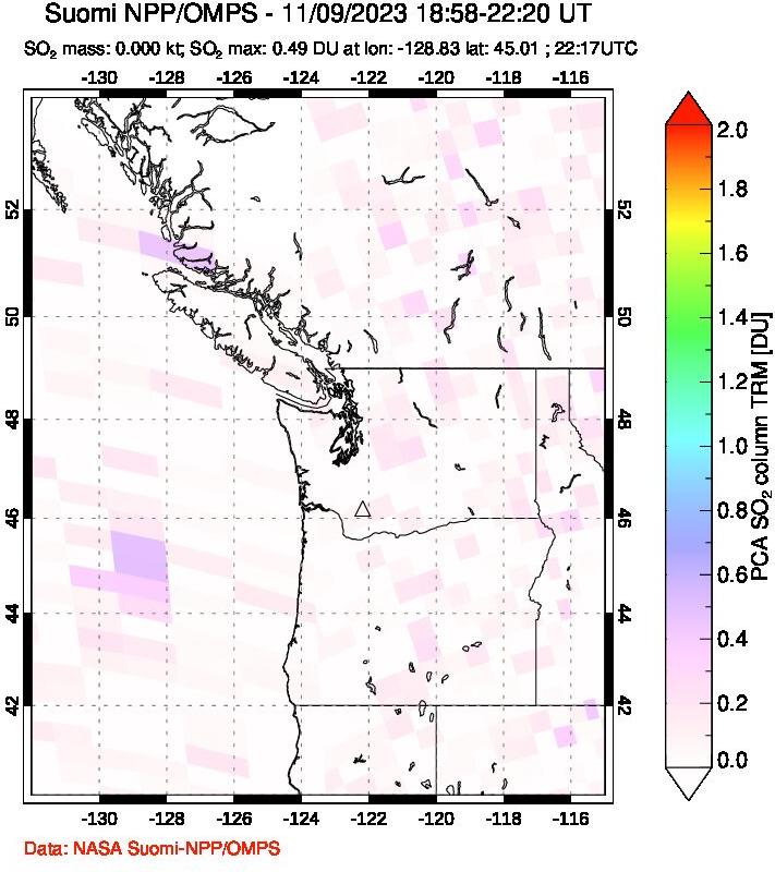 A sulfur dioxide image over Cascade Range, USA on Nov 09, 2023.