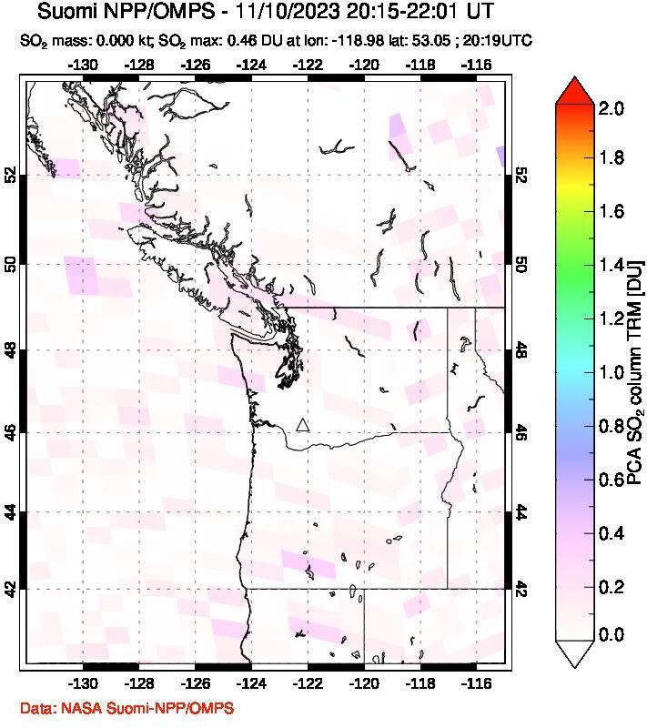 A sulfur dioxide image over Cascade Range, USA on Nov 10, 2023.