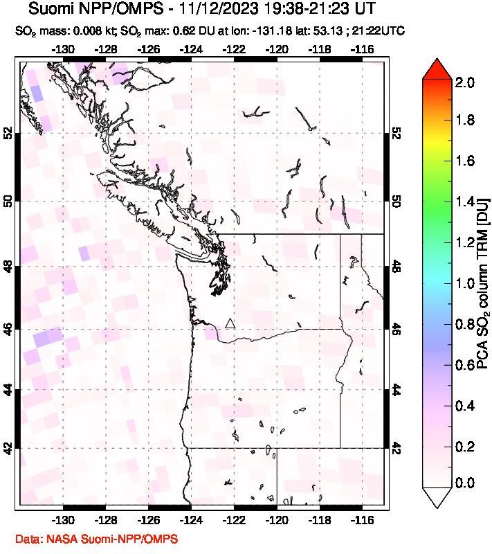 A sulfur dioxide image over Cascade Range, USA on Nov 12, 2023.