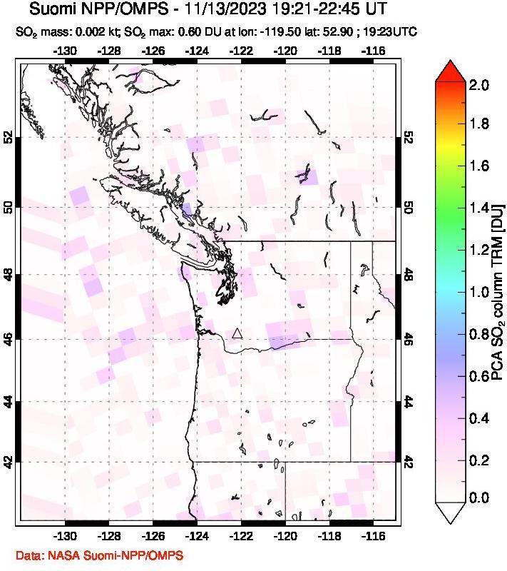 A sulfur dioxide image over Cascade Range, USA on Nov 13, 2023.