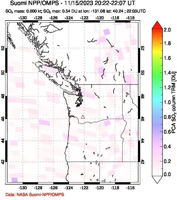 A sulfur dioxide image over Cascade Range, USA on Nov 15, 2023.