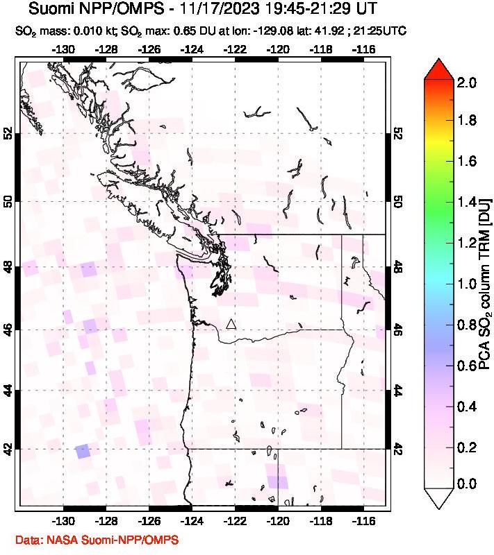 A sulfur dioxide image over Cascade Range, USA on Nov 17, 2023.