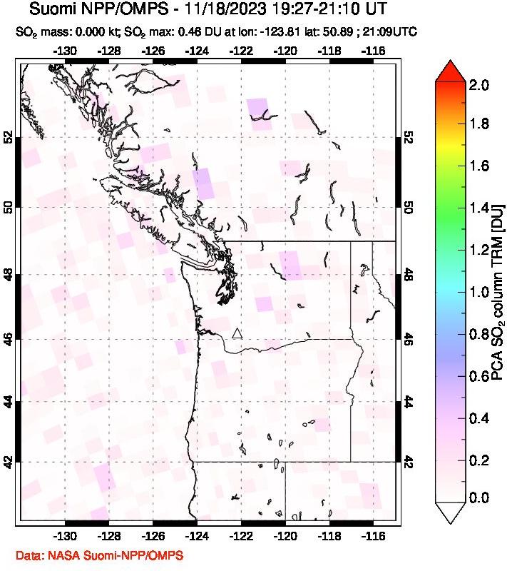 A sulfur dioxide image over Cascade Range, USA on Nov 18, 2023.